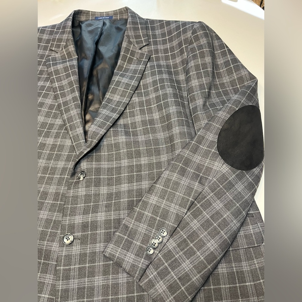 Paul Fredrick Wool Blazer Sport Coat, size 54R, charcoal plaid elbow patches